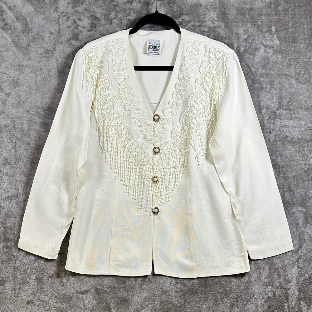 Vintage R&M Richards by Karen‎ Kwong Ivory Lace Fringe Blouse Jacket